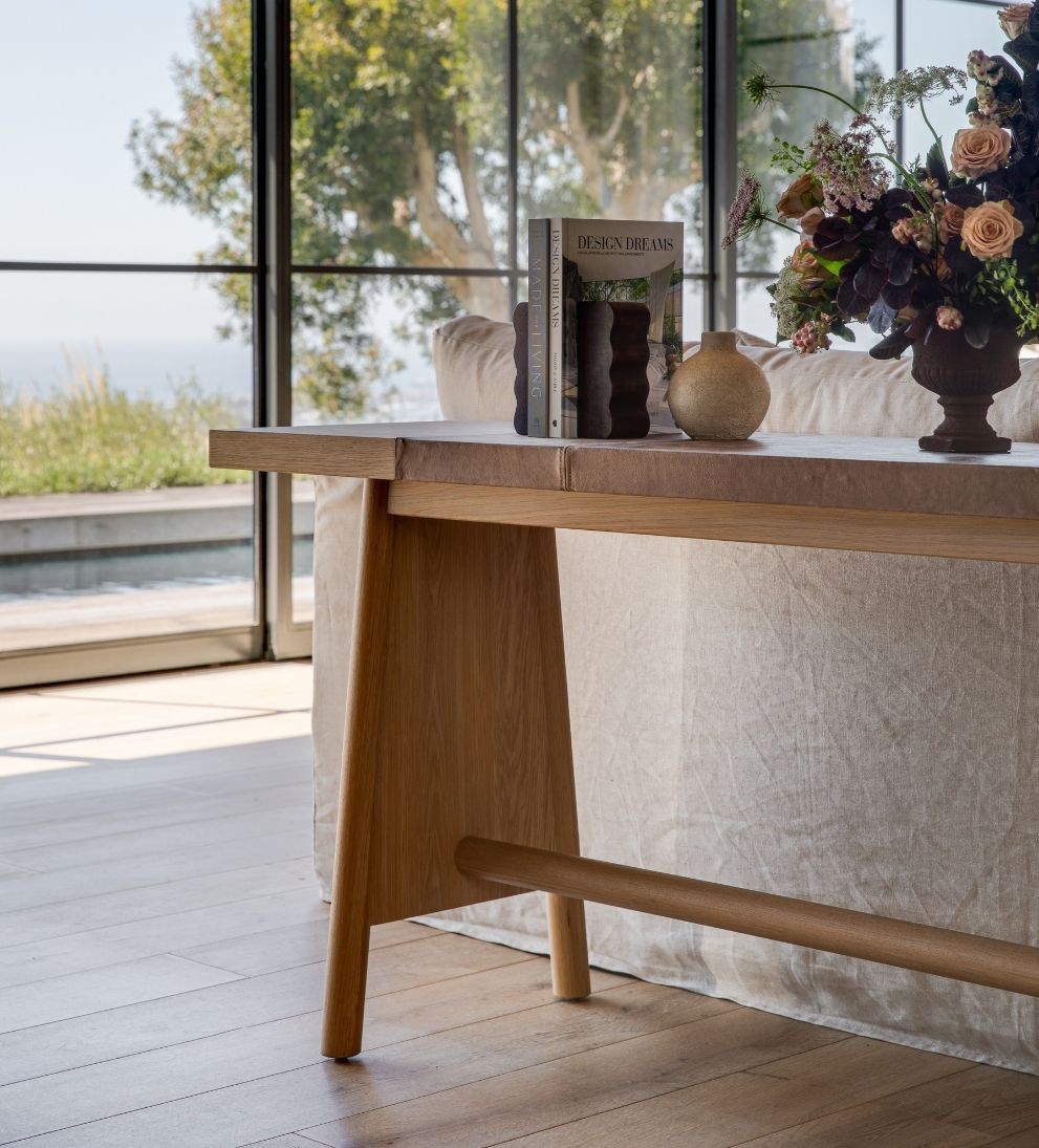 Ava White Oak and Leather Console Table Consoles