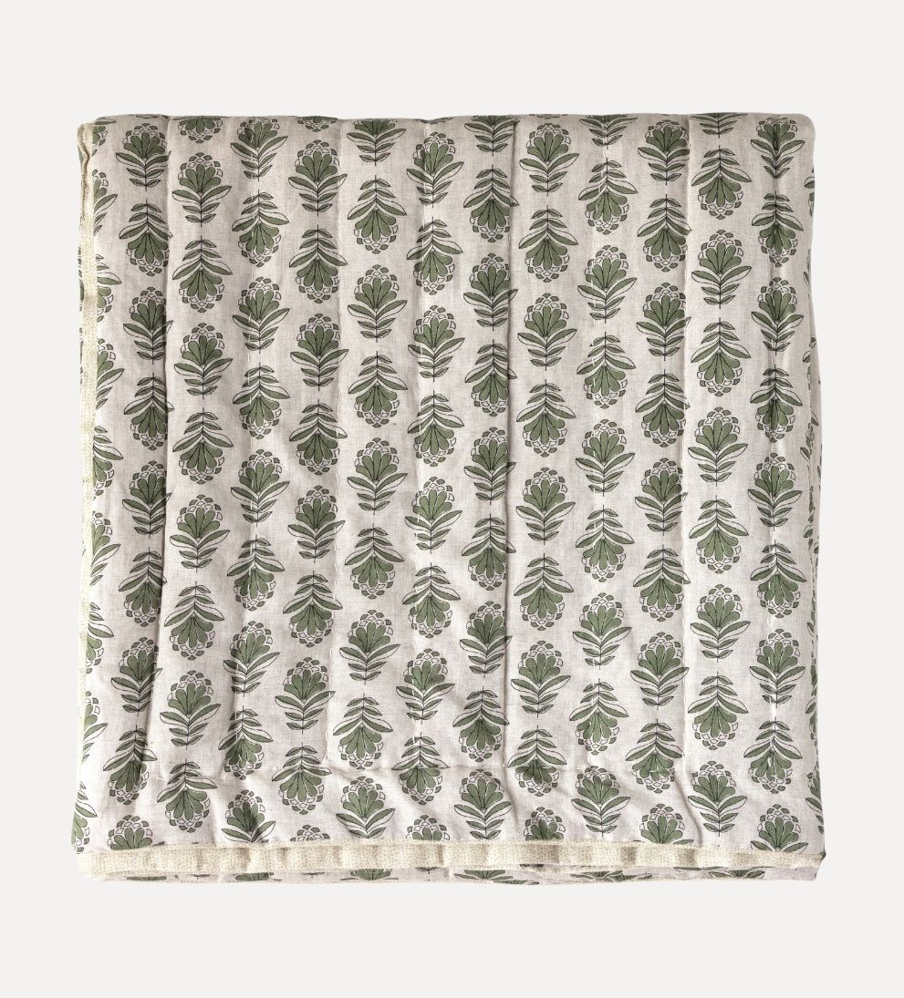 Charlotte Block Print Quilt - Forest Green Bedding