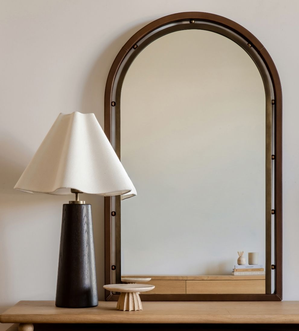 Como Arch Mirror in Aged Brass & Basalt Leather Wall Mirrors