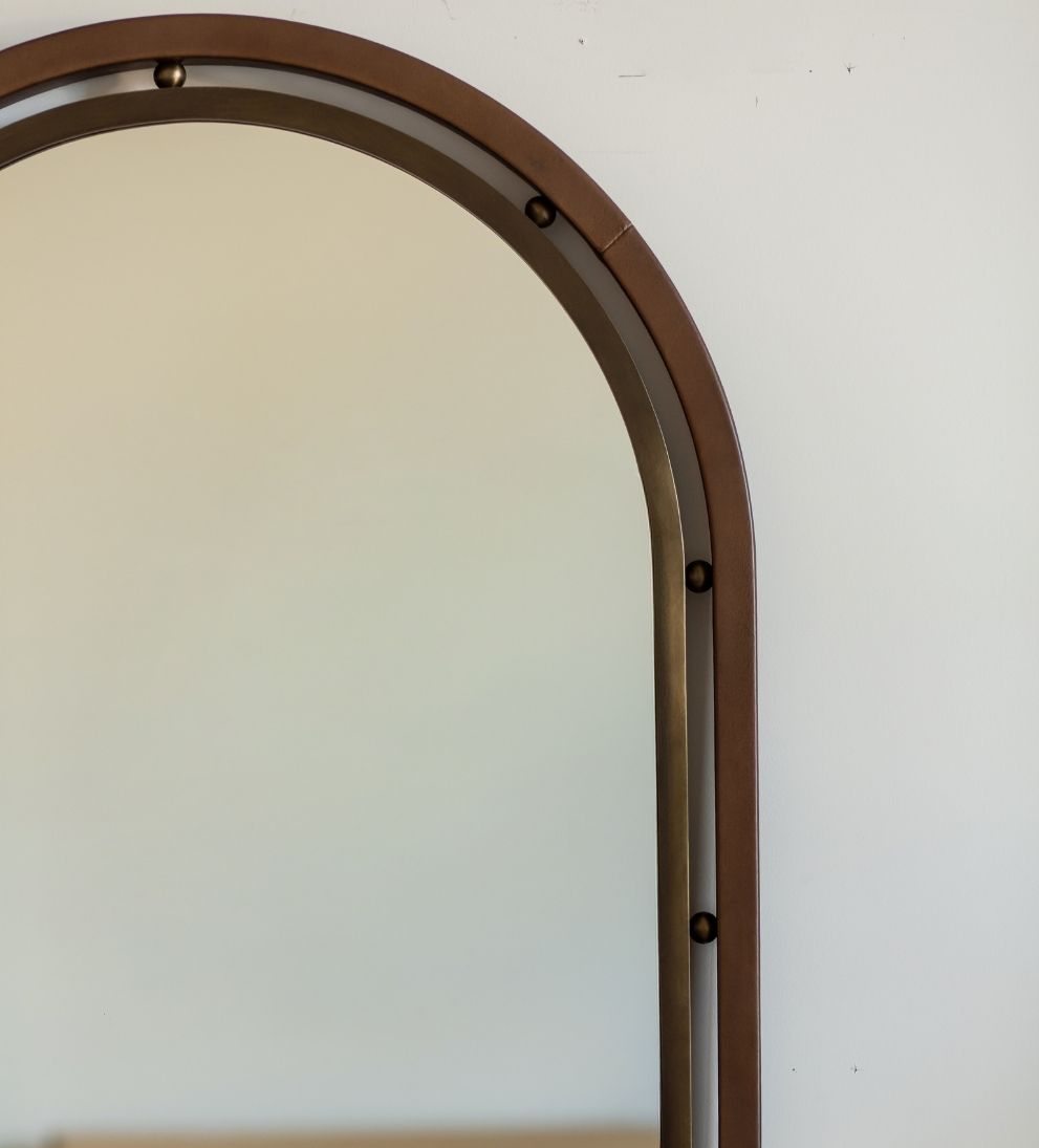 Como Arch Mirror in Aged Brass & Basalt Leather Wall Mirrors