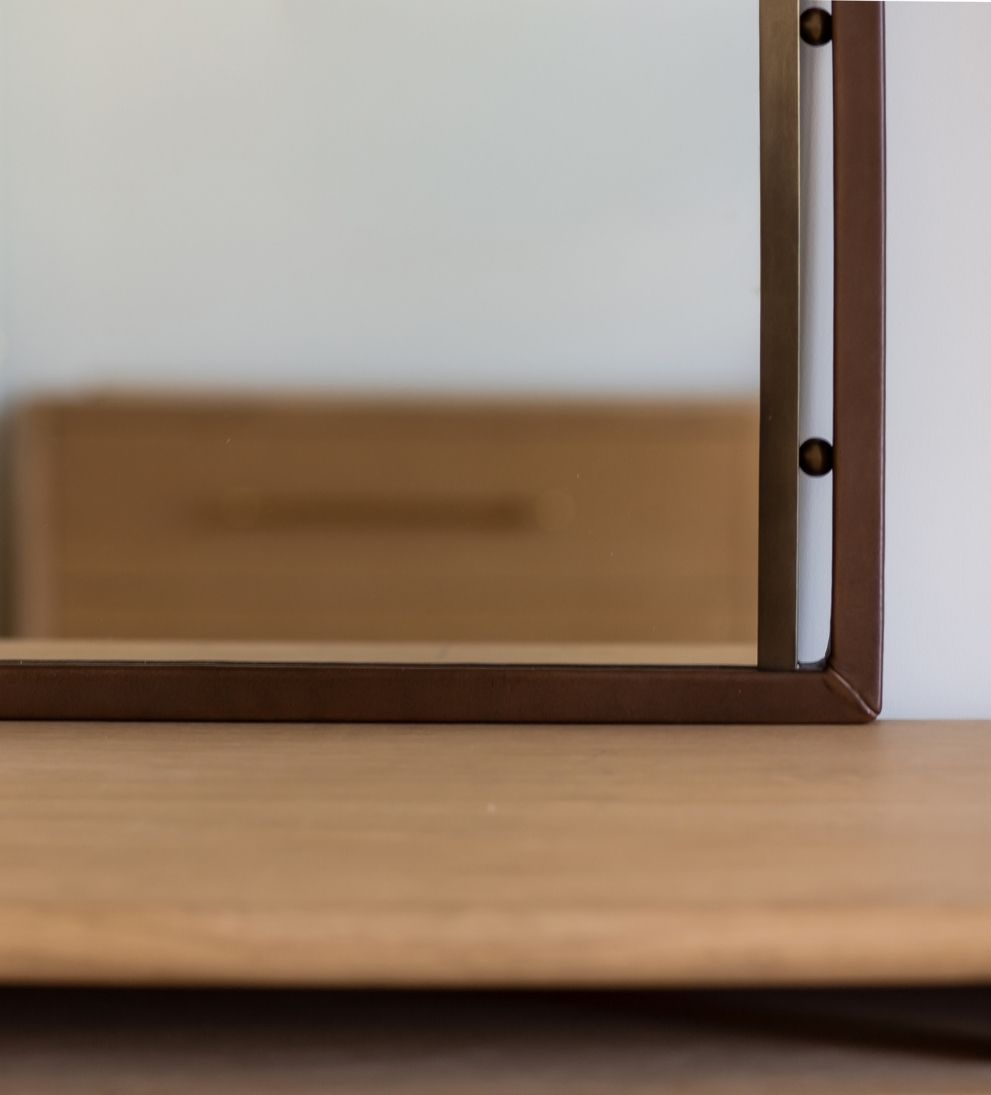 Como Arch Mirror in Aged Brass & Basalt Leather Wall Mirrors