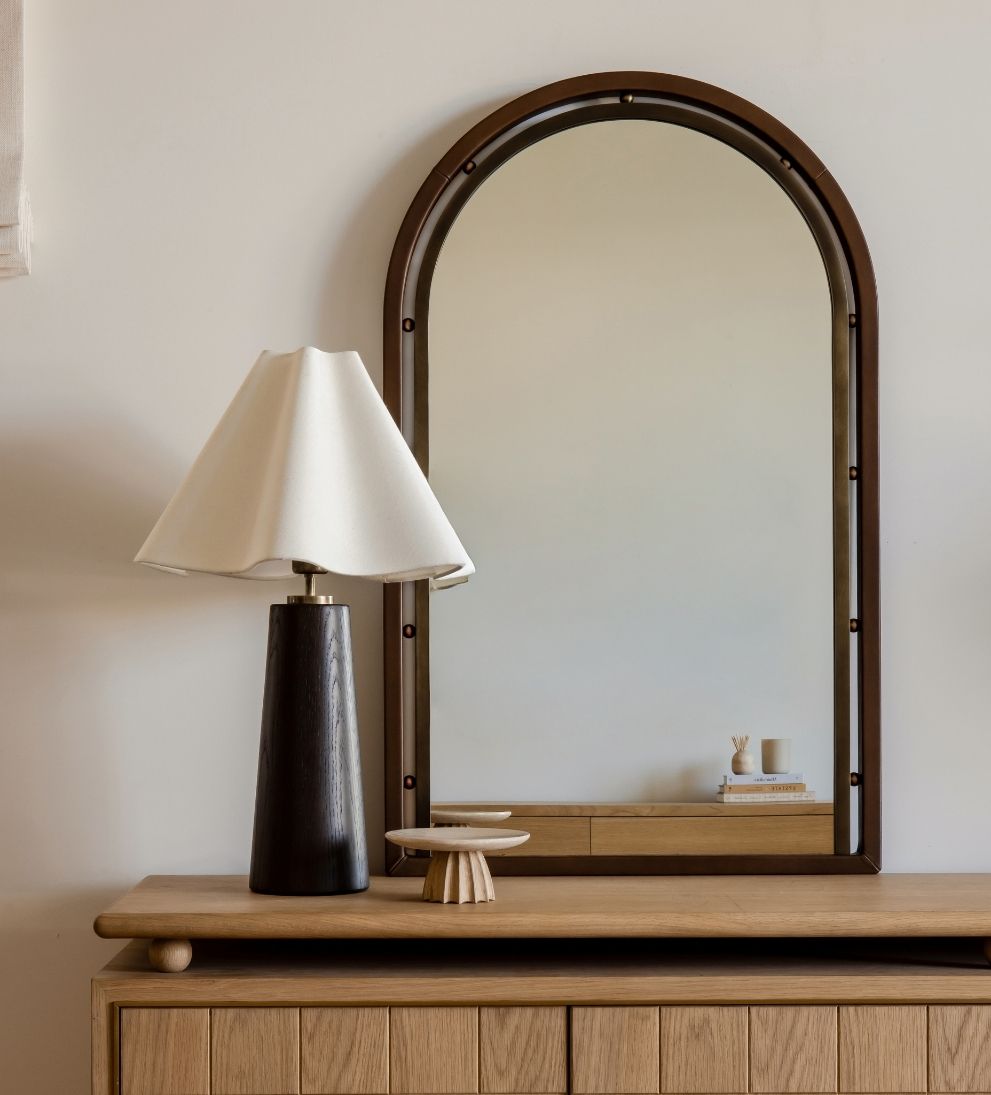 Como Arch Mirror in Aged Brass & Basalt Leather Wall Mirrors