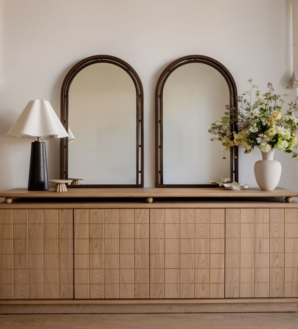 Como Arch Mirror in Aged Brass & Basalt Leather Wall Mirrors