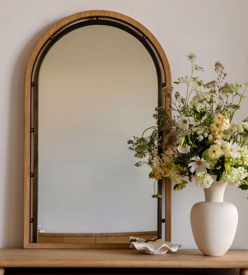 Como Arch Mirror in Aged Brass & Light Oak Wall Mirrors