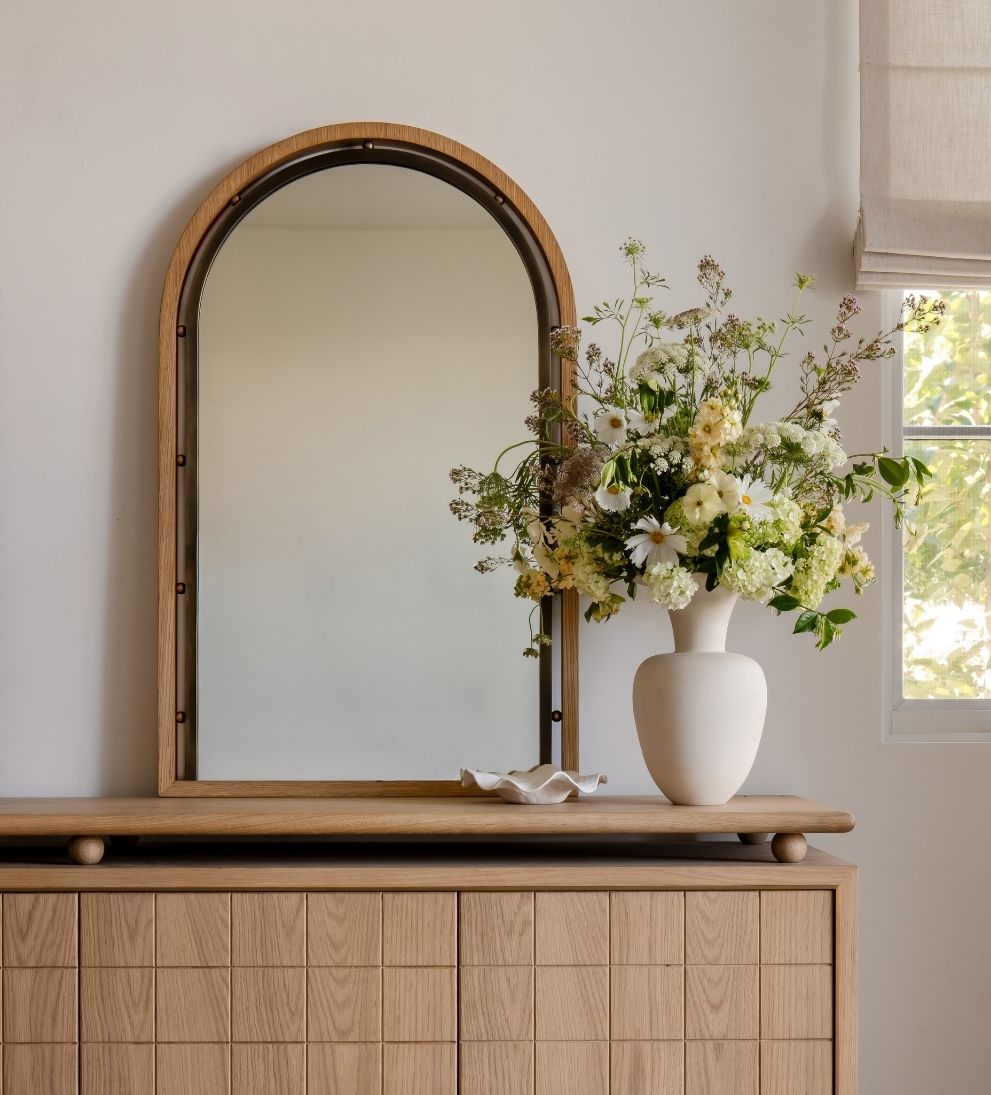 Como Arch Mirror in Aged Brass & Light Oak Wall Mirrors