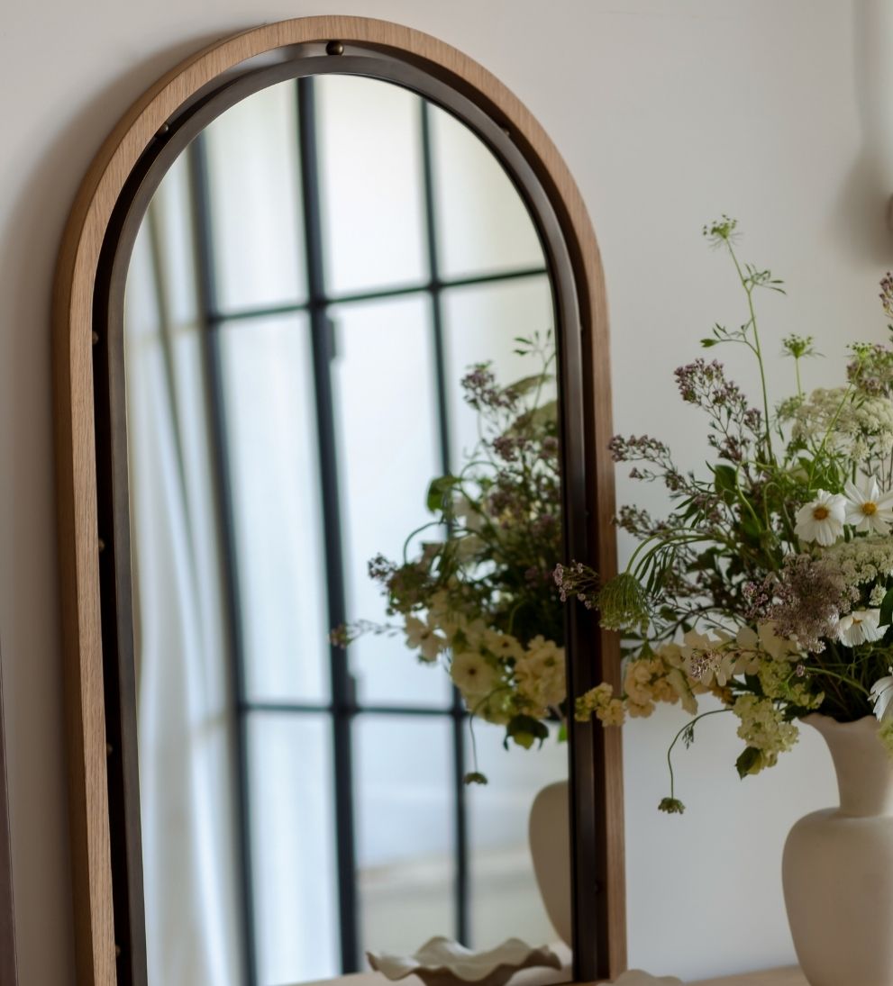 Como Arch Mirror in Aged Brass & Light Oak Wall Mirrors