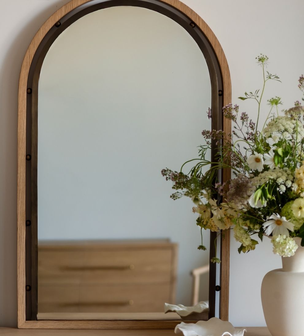 Como Arch Mirror in Aged Brass & Light Oak Wall Mirrors
