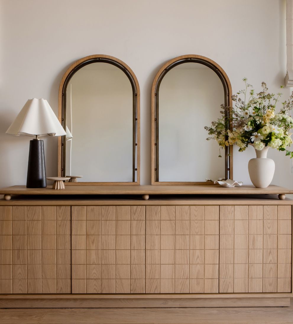 Como Arch Mirror in Aged Brass & Light Oak Wall Mirrors