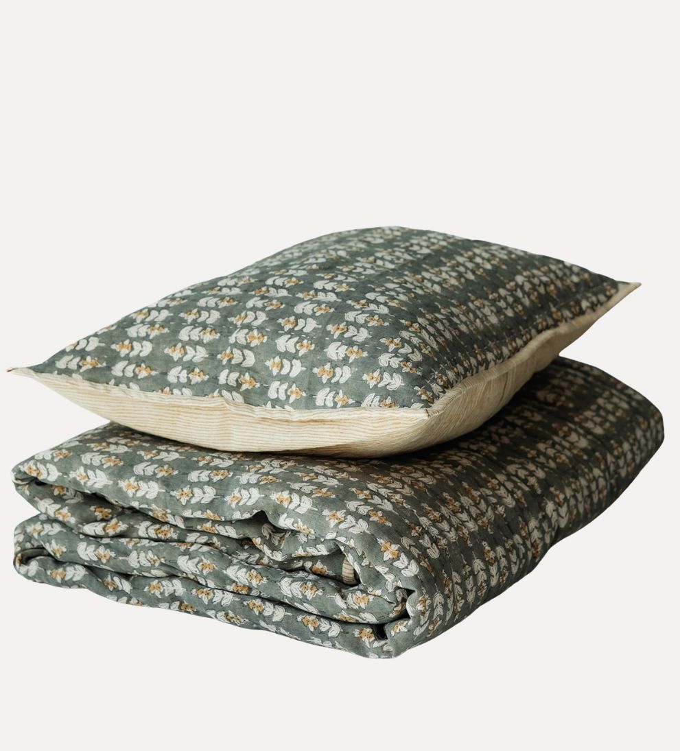 Flora Block Print Quilt in Olive Quilt