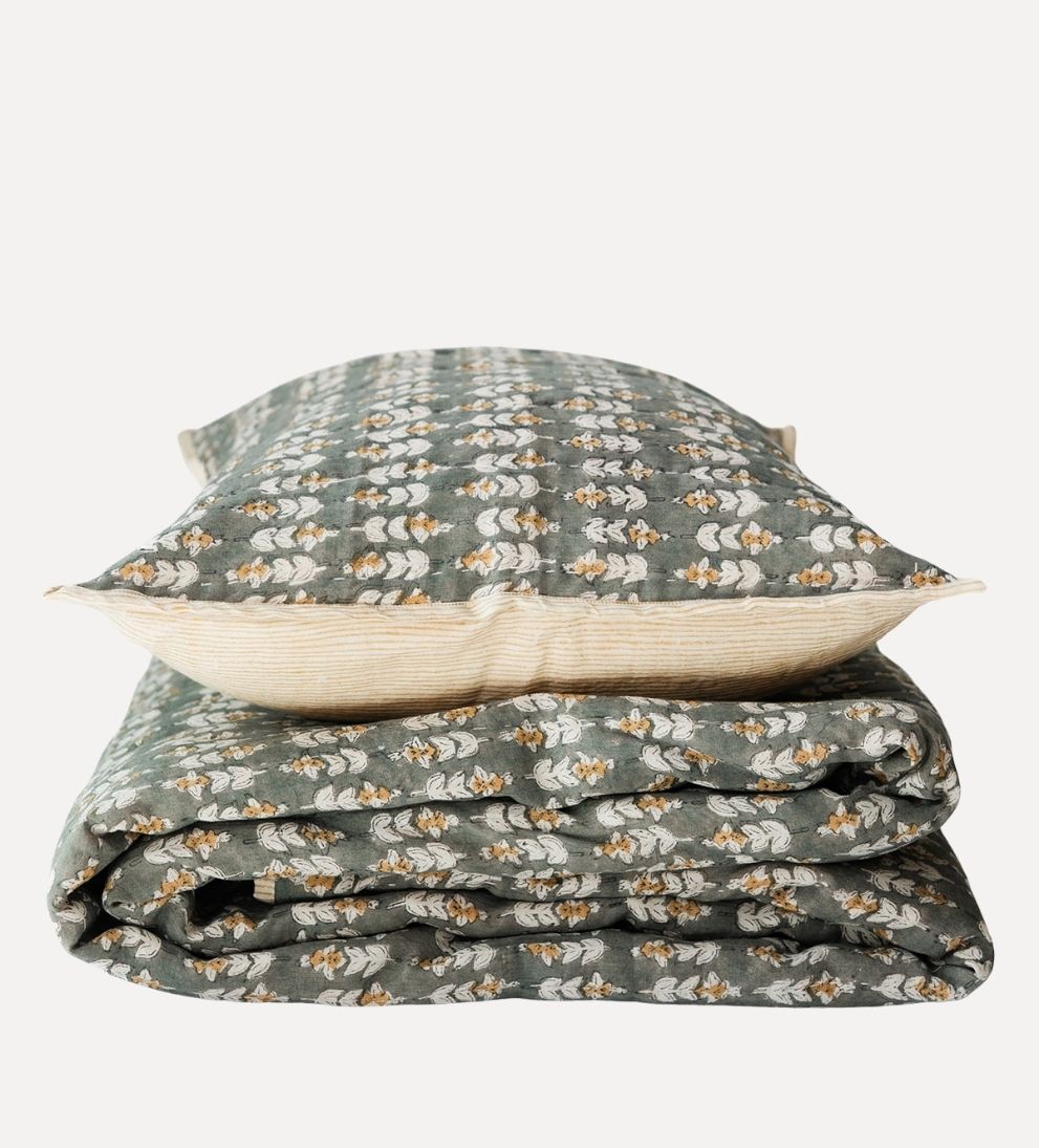 Flora Block Print Quilt in Olive Quilt