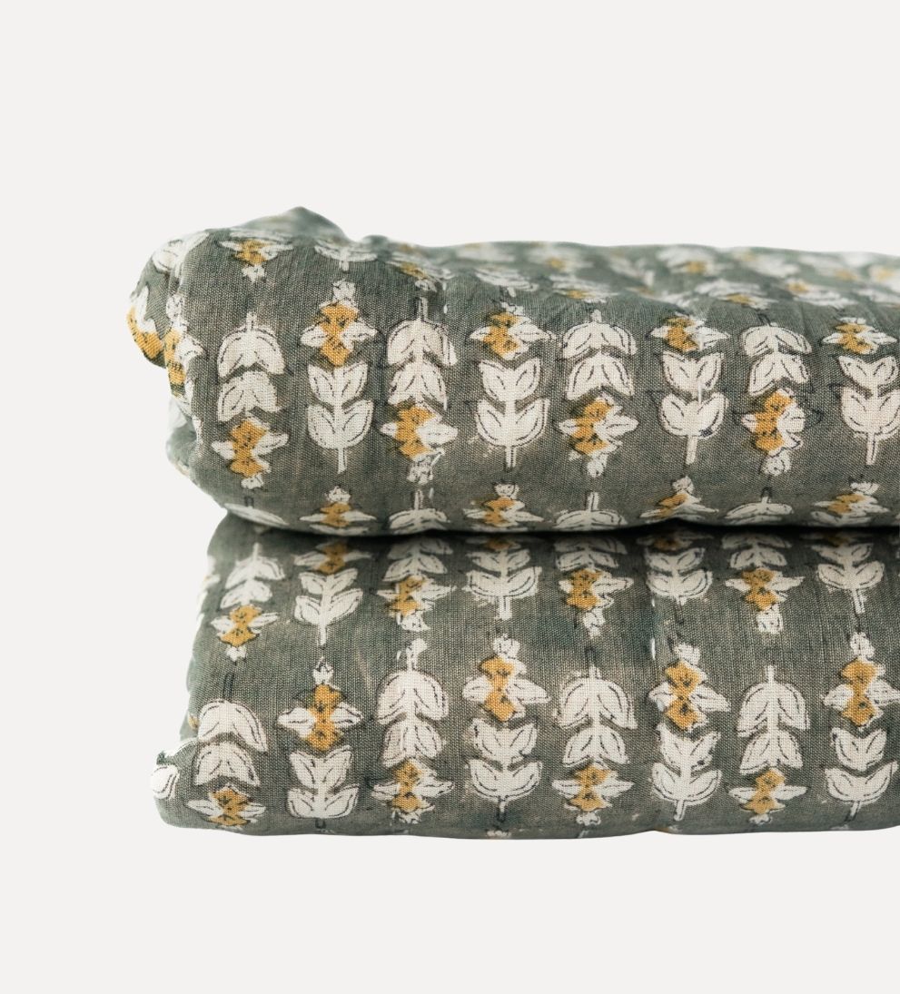 Flora Block Print Quilt in Olive Quilt